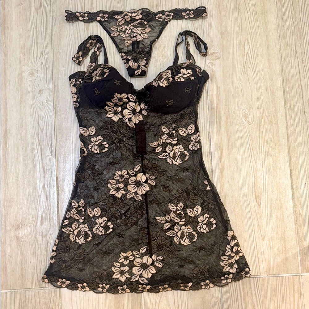La Perla Black Lace Chemise with Nude Pink Floral Embroidery